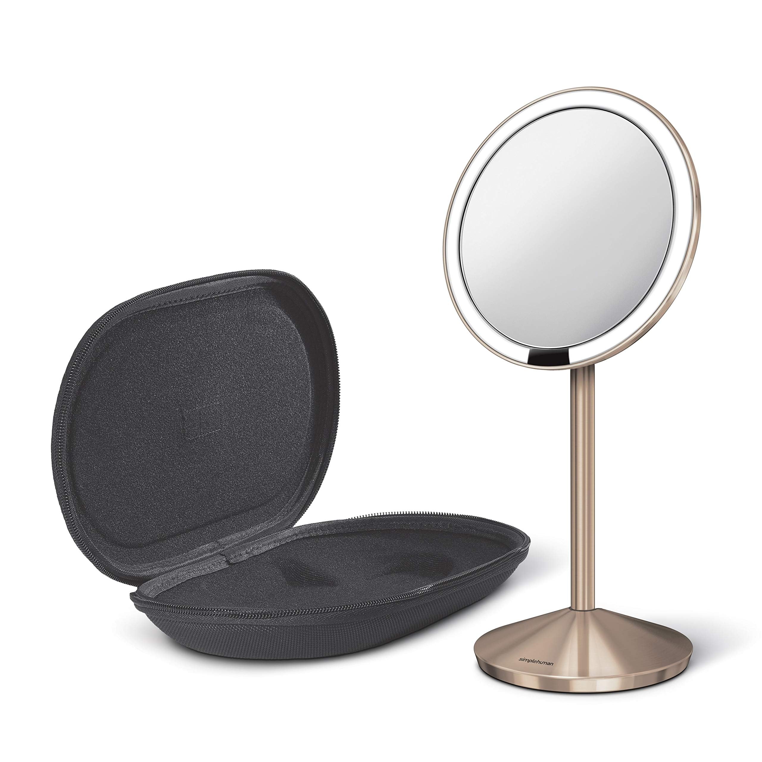 Simplehuman,Free Standing 5'' Round Mini Travel Sensor Makeup Mirror, 10X Magnification, Rechargeable, Rose Gold Stainless Steel